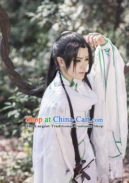 Chinese Traditional Cosplay Swordsman White Costumes Ancient Royal Highness King Clothing for Men