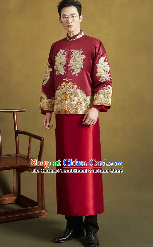 Chinese Traditional Wedding Tang Suit Costumes Ancient Bridegroom Embroidered Blouse and Long Gown for Men