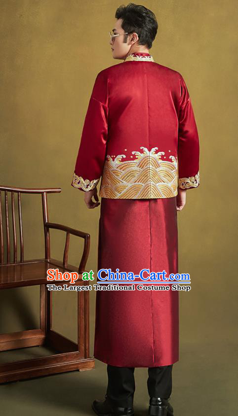 Chinese Traditional Wedding Tang Suit Costumes Ancient Bridegroom Embroidered Dragon Blouse and Long Gown for Men