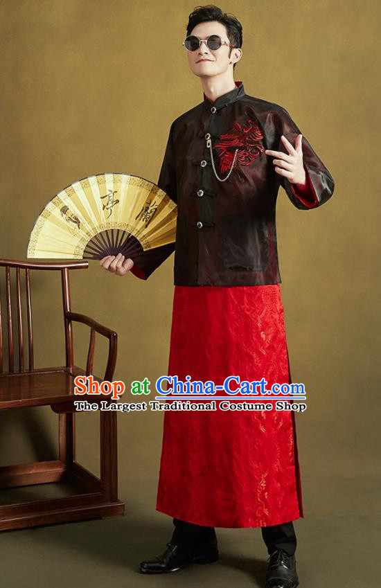 Chinese Traditional Wedding Tang Suit Costumes Ancient Bridegroom Embroidered Black Mandarin Jacket and Red Long Gown for Men