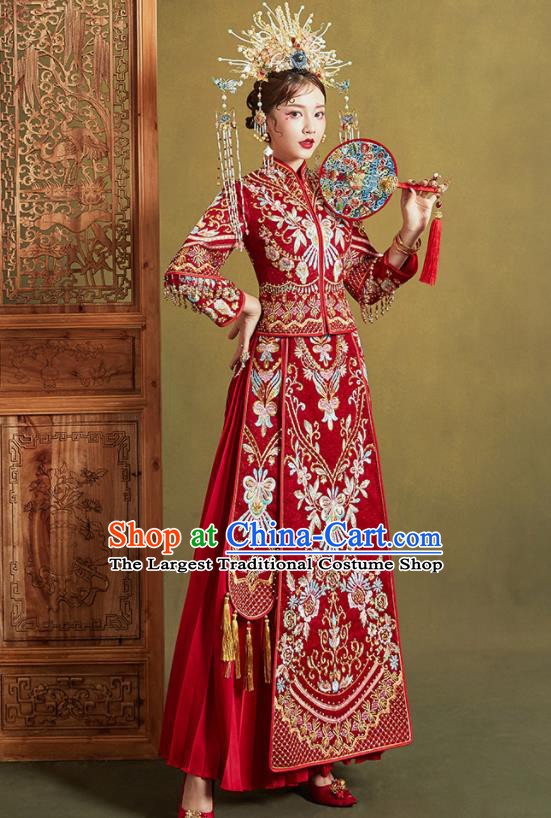 Chinese Traditional Embroidered Xiu He Suit Ancient Wedding Red Dress Bride Costumes for Women