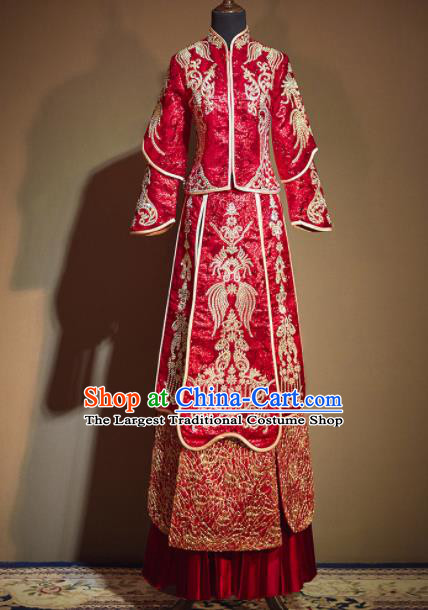 Chinese Traditional Xiu He Suit Ancient Wedding Embroidered Red Dress Bride Costumes for Women