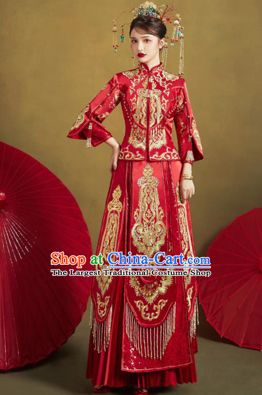 Chinese Traditional Red Xiu He Suit Embroidered Wedding Dress Ancient Bride Costumes for Women