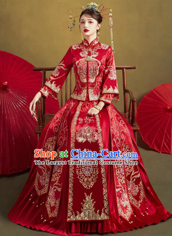 Chinese Traditional Drilling Red Xiu He Suit Embroidered Wedding Dress Ancient Bride Costumes for Women