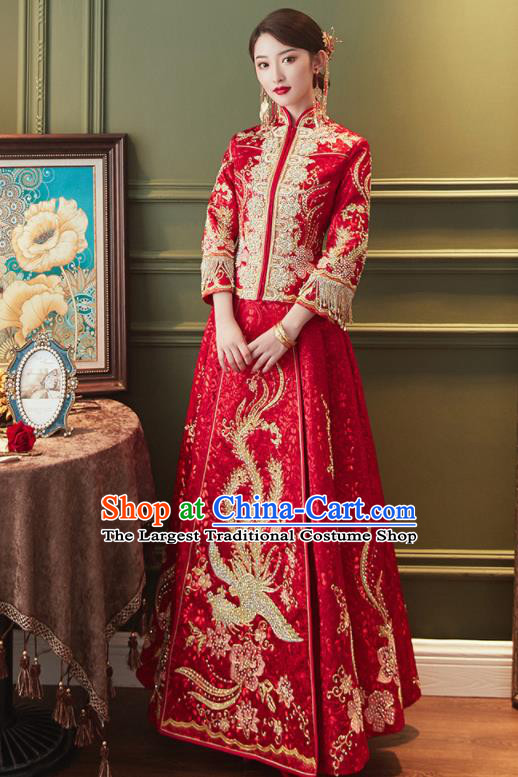 Chinese Traditional Embroidered Phoenix Drilling Red Xiu He Suit Wedding Dress Ancient Bride Costumes for Women