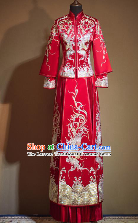 Chinese Traditional Embroidered Drilling Phoenix Red Xiu He Suit Wedding Dress Ancient Bride Costumes for Women