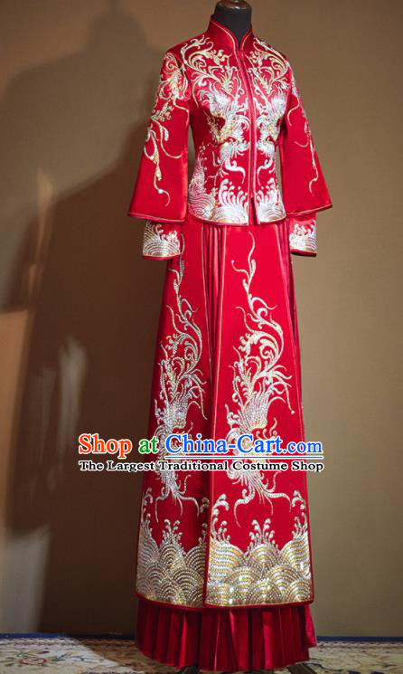 Chinese Traditional Embroidered Drilling Phoenix Red Xiu He Suit Wedding Dress Ancient Bride Costumes for Women