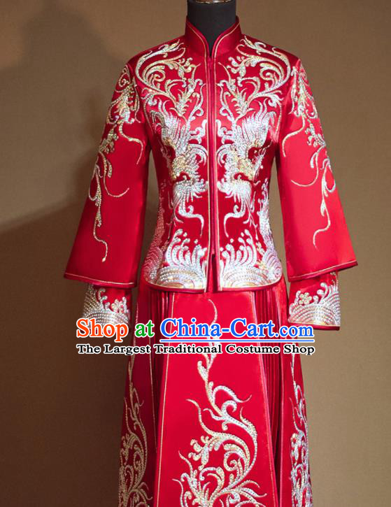 Chinese Traditional Embroidered Drilling Phoenix Red Xiu He Suit Wedding Dress Ancient Bride Costumes for Women