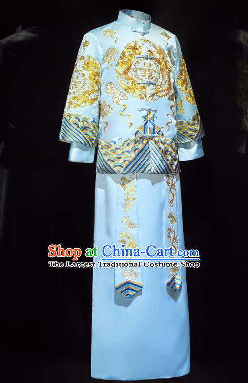 Chinese Ancient Bridegroom Embroidered Blue Mandarin Jacket and Long Gown Traditional Wedding Tang Suit Costumes for Men