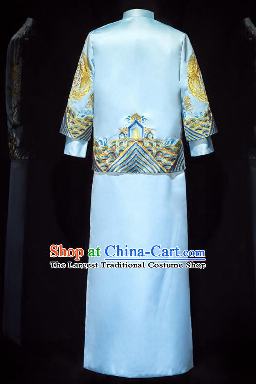 Chinese Ancient Bridegroom Embroidered Blue Mandarin Jacket and Long Gown Traditional Wedding Tang Suit Costumes for Men