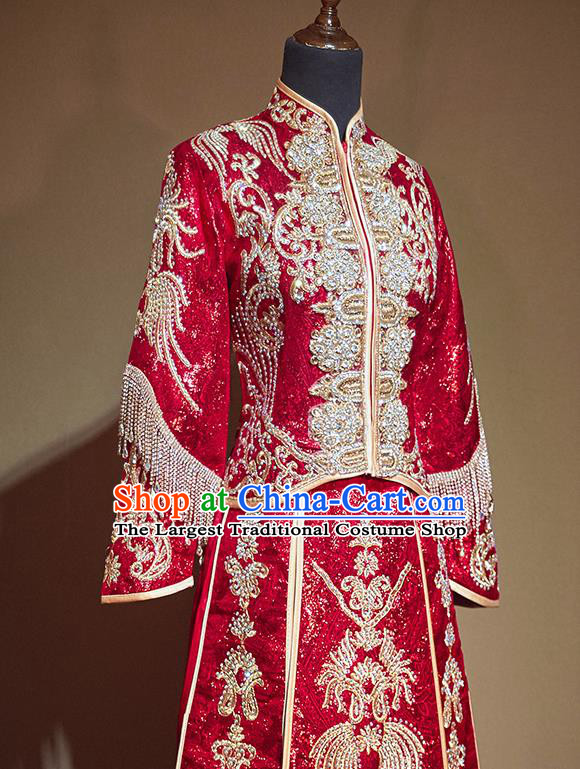 Chinese Traditional Diamante Xiu He Suit Ancient Wedding Embroidered Red Dress Bride Costumes for Women