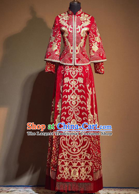 Chinese Traditional Drilling Red Xiu He Suit Embroidered Wedding Dress Ancient Bride Costumes for Women