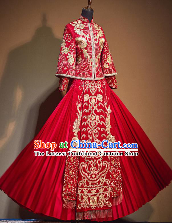 Chinese Traditional Drilling Red Xiu He Suit Embroidered Wedding Dress Ancient Bride Costumes for Women