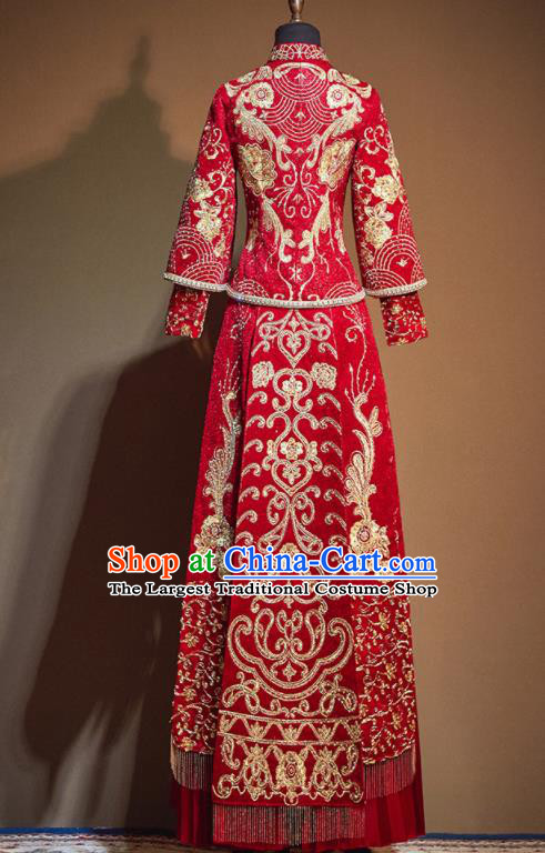 Chinese Traditional Drilling Red Xiu He Suit Embroidered Wedding Dress Ancient Bride Costumes for Women