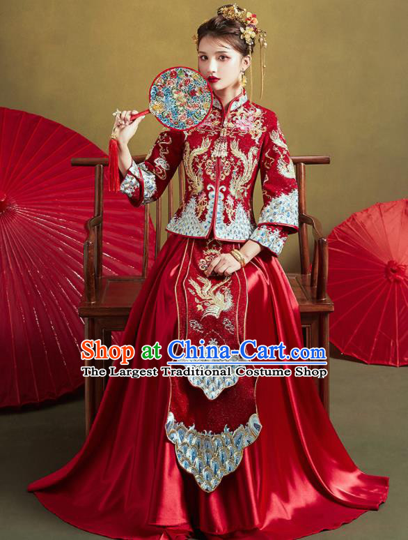 Chinese Traditional Drilling Red Xiu He Suit Embroidered Phoenix Peony Wedding Dress Ancient Bride Costumes for Women