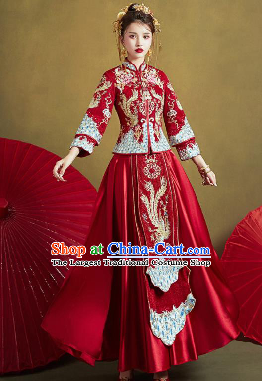 Chinese Traditional Drilling Red Xiu He Suit Embroidered Phoenix Peony Wedding Dress Ancient Bride Costumes for Women