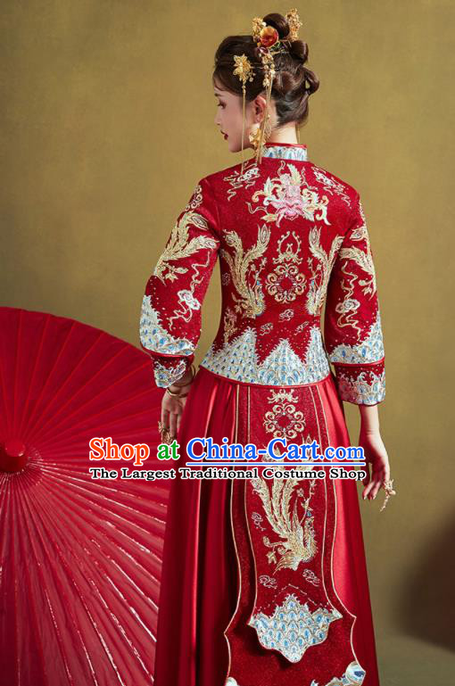 Chinese Traditional Drilling Red Xiu He Suit Embroidered Phoenix Peony Wedding Dress Ancient Bride Costumes for Women