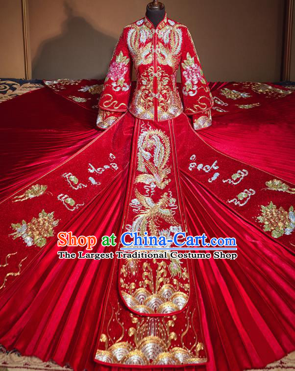 Chinese Traditional Drilling Red Xiu He Suit Embroidered Phoenix Wedding Dress Ancient Bride Costumes for Women