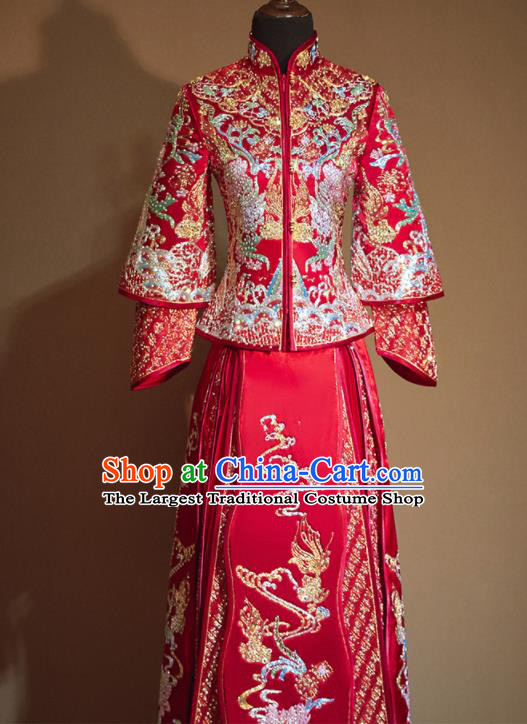 Chinese Traditional Embroidered Lotus Red Xiu He Suit Ancient Wedding Dress Bride Costumes for Women