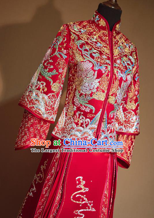 Chinese Traditional Embroidered Lotus Red Xiu He Suit Ancient Wedding Dress Bride Costumes for Women
