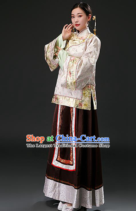 Chinese Ancient Qing Dynasty Nobility Lady Pink Blouse and Brown Skirt Traditional Patrician Mistress Costumes for Women