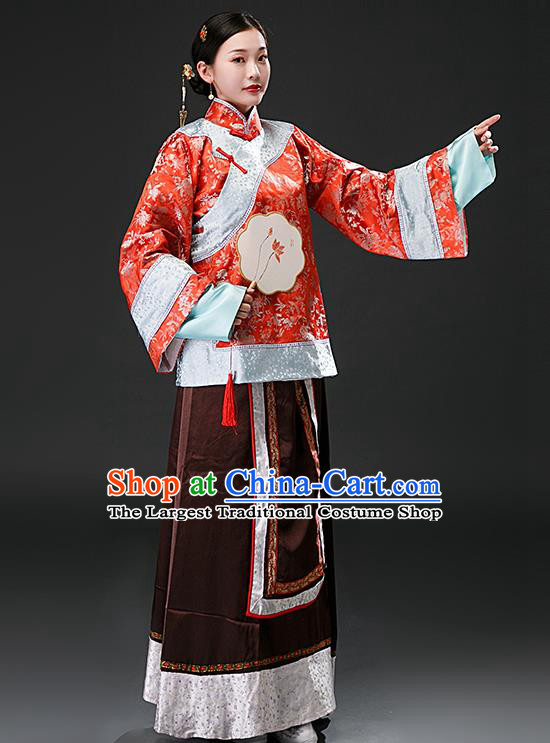 Chinese Ancient Qing Dynasty Nobility Concubine Red Blouse and Brown Skirt Traditional Patrician Mistress Costumes for Women