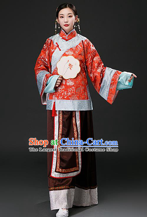 Chinese Ancient Qing Dynasty Nobility Concubine Red Blouse and Brown Skirt Traditional Patrician Mistress Costumes for Women