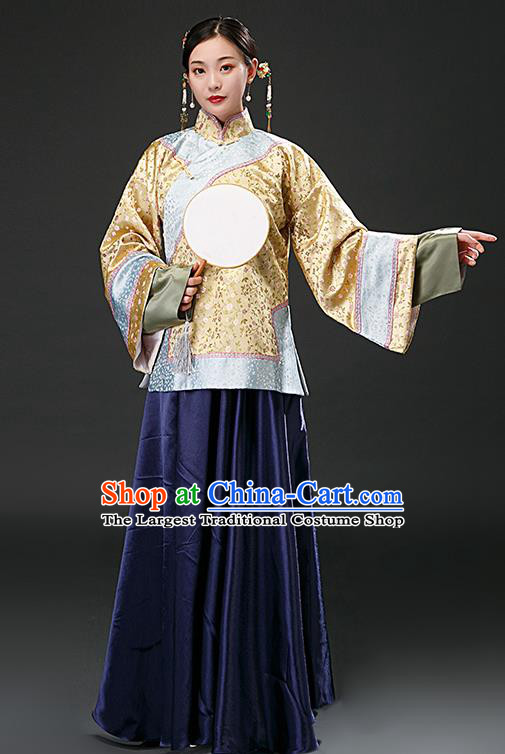 Chinese Ancient Qing Dynasty Patrician Yellow Blouse and Navy Skirt Traditional Nobility Concubine Costumes for Women