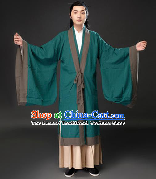 Chinese Ancient Taoist Priest Green Clothing Traditional Tang Dynasty Civilian Scholar Costumes for Men