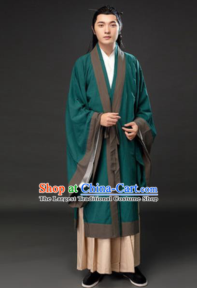 Chinese Ancient Taoist Priest Green Clothing Traditional Tang Dynasty Civilian Scholar Costumes for Men