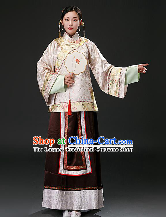 Chinese Ancient Qing Dynasty Nobility Lady Pink Blouse and Brown Skirt Traditional Patrician Mistress Costumes for Women