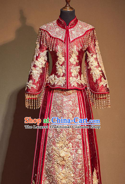 Chinese Traditional Wedding Xiu He Suit Embroidered Red Dress Ancient Bride Costumes for Women