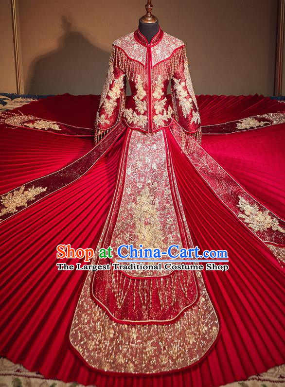 Chinese Traditional Wedding Xiu He Suit Embroidered Red Dress Ancient Bride Costumes for Women