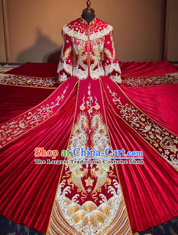 Chinese Traditional Wedding Drilling Xiu He Suit Embroidered Phoenix Red Dress Ancient Bride Costumes for Women