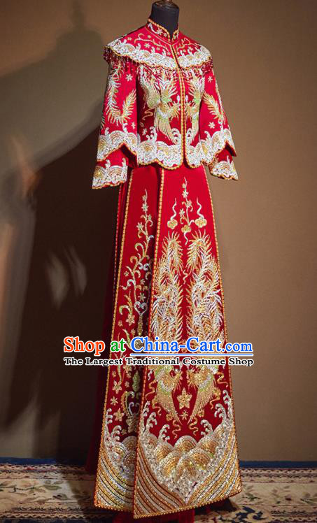 Chinese Traditional Wedding Drilling Xiu He Suit Embroidered Phoenix Red Dress Ancient Bride Costumes for Women