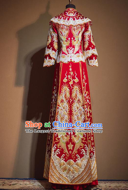 Chinese Traditional Wedding Drilling Xiu He Suit Embroidered Phoenix Red Dress Ancient Bride Costumes for Women