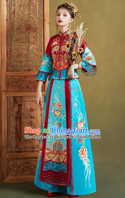 Chinese Traditional Wedding Xiu He Suit Embroidered Blue Dress Ancient Bride Costumes for Women