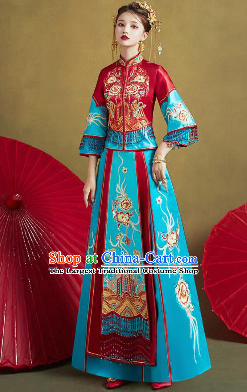 Chinese Traditional Wedding Xiu He Suit Embroidered Blue Dress Ancient Bride Costumes for Women
