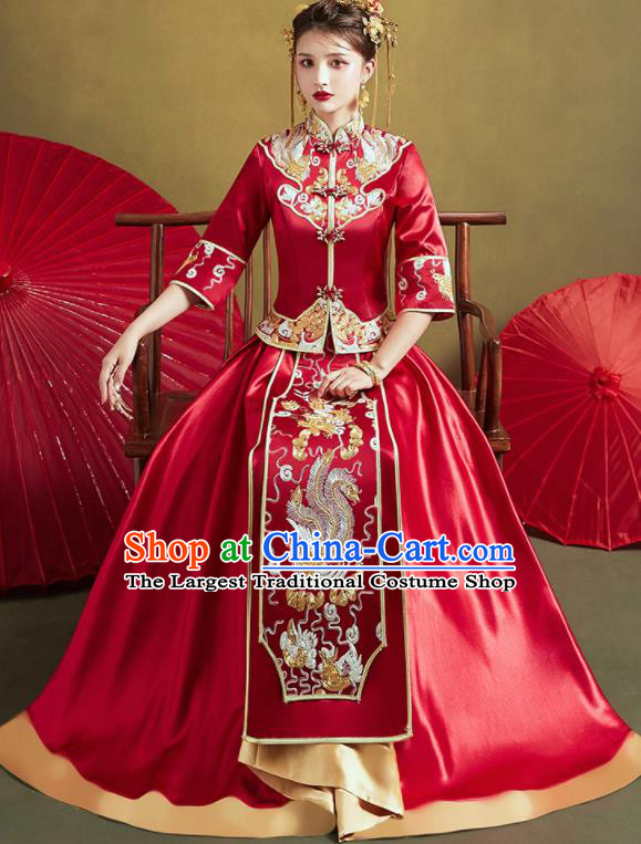Chinese Traditional Wedding Xiu He Suit Embroidered Phoenix Red Jacket and Dress Ancient Bride Costumes for Women