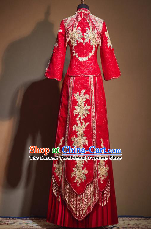 Chinese Traditional Wedding Xiu He Suit Embroidered Flowers Red Jacket and Dress Ancient Bride Costumes for Women