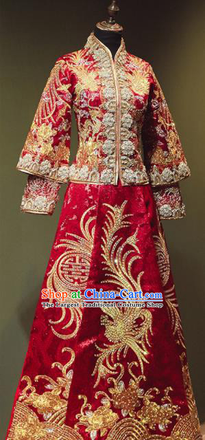 Chinese Traditional Wedding Xiu He Suit Embroidered Drilling Phoenix Red Jacket and Dress Ancient Bride Costumes for Women