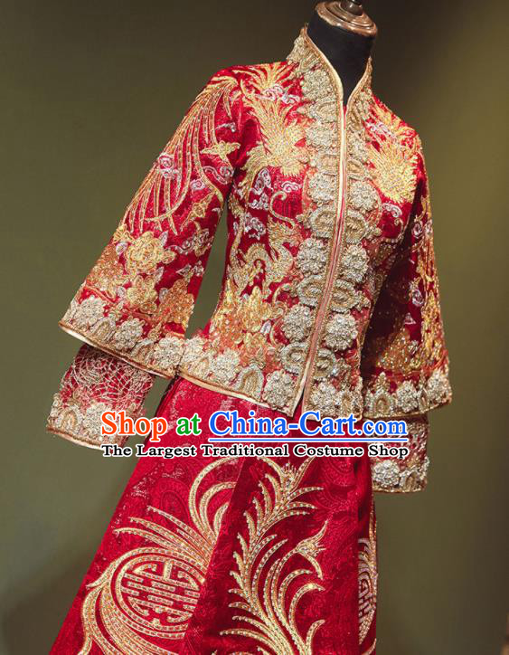 Chinese Traditional Wedding Xiu He Suit Embroidered Drilling Phoenix Red Jacket and Dress Ancient Bride Costumes for Women