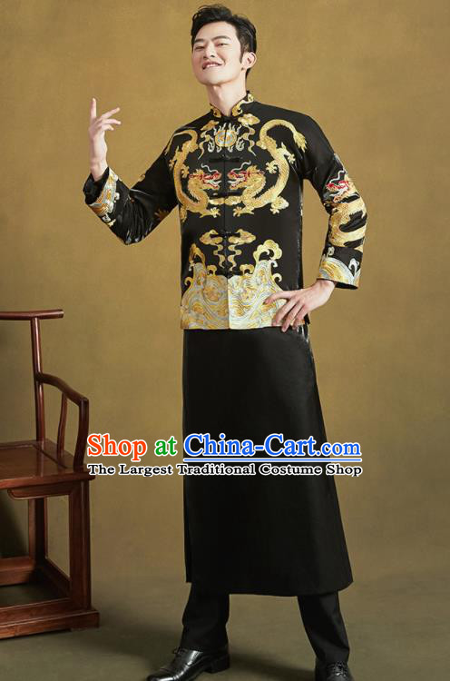 Chinese Ancient Bridegroom Embroidered Black Mandarin Jacket and Long Gown Traditional Wedding Tang Suit Costumes for Men