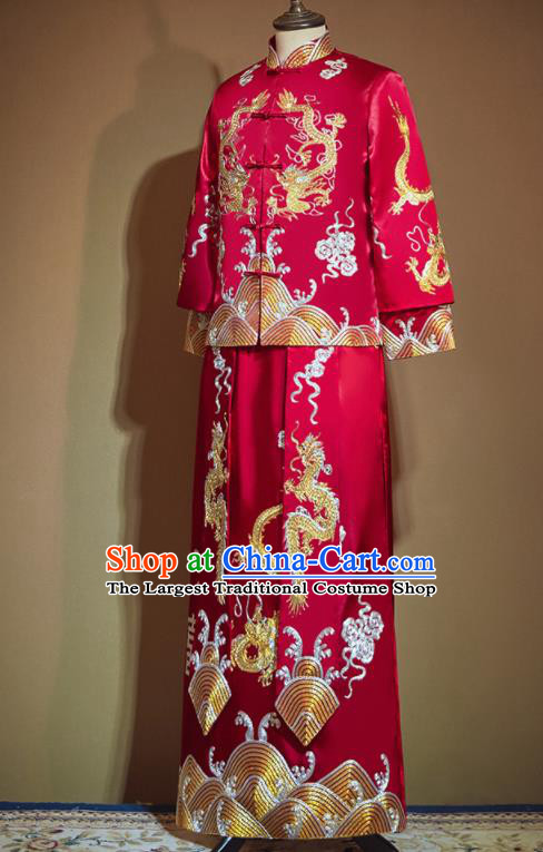 Chinese Ancient Bridegroom Embroidered Dragon Red Mandarin Jacket and Long Gown Traditional Wedding Tang Suit Costumes for Men