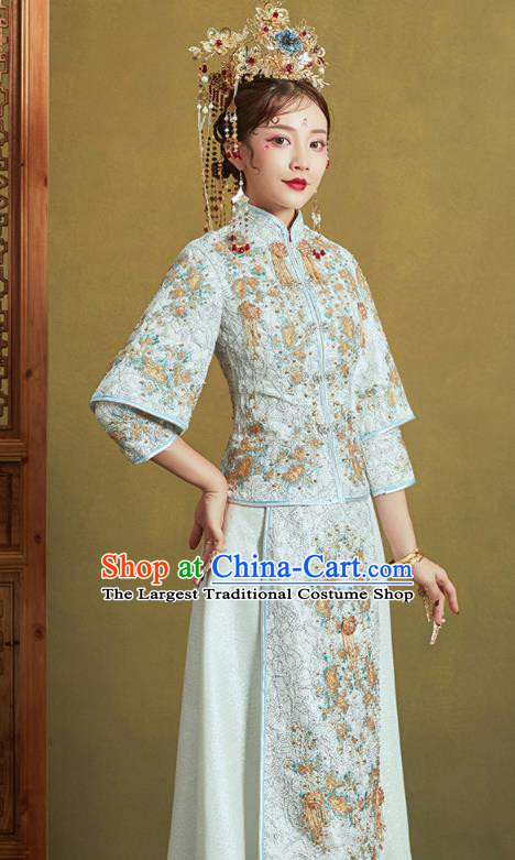 Chinese Traditional Wedding Xiu He Suit Embroidered Light Blue Jacket and Dress Ancient Bride Costumes for Women