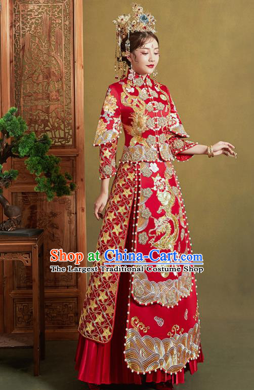 Chinese Traditional Wedding Xiu He Suit Embroidered Dragon Peony Red Blouse and Dress Ancient Bride Costumes for Women