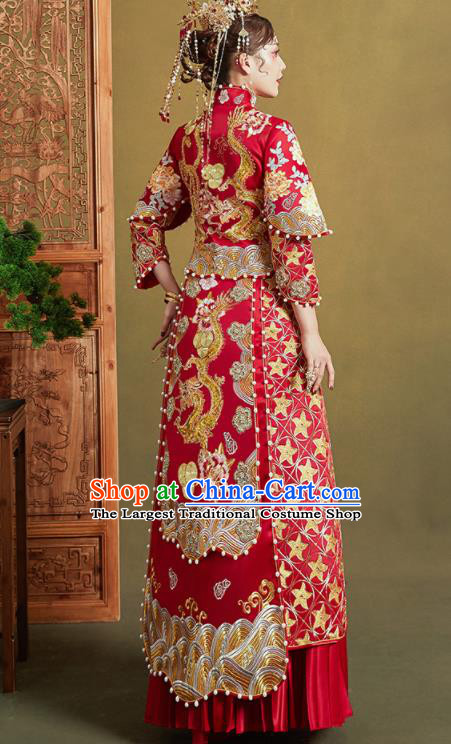 Chinese Traditional Wedding Xiu He Suit Embroidered Dragon Peony Red Blouse and Dress Ancient Bride Costumes for Women