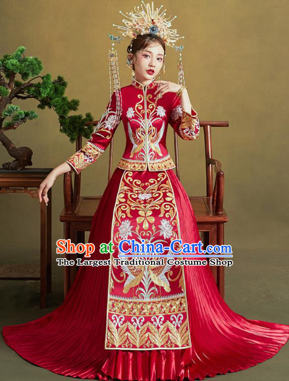 Chinese Traditional Wedding Xiu He Suit Embroidered Swan Peony Red Blouse and Dress Ancient Bride Costumes for Women