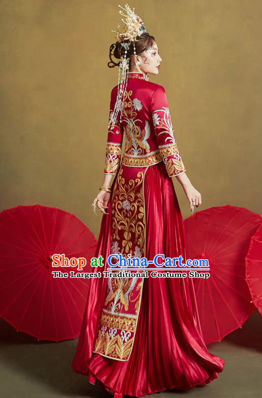 Chinese Traditional Wedding Xiu He Suit Embroidered Swan Peony Red Blouse and Dress Ancient Bride Costumes for Women