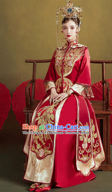 Chinese Traditional Wedding Embroidered Xiu He Suit Red Blouse and Dress Ancient Bride Costumes for Women